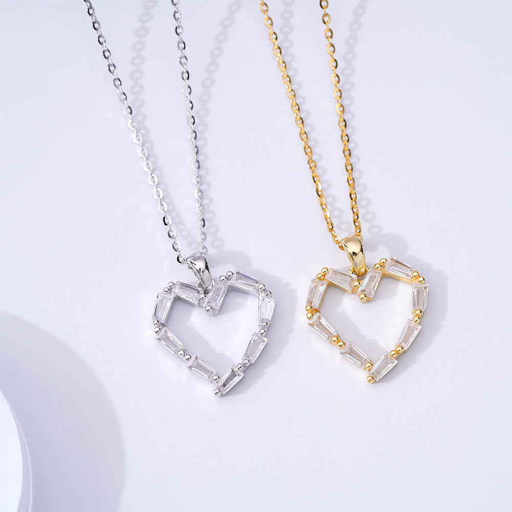 Hollow Zircon Heart Shape Pendant Silver Necklace