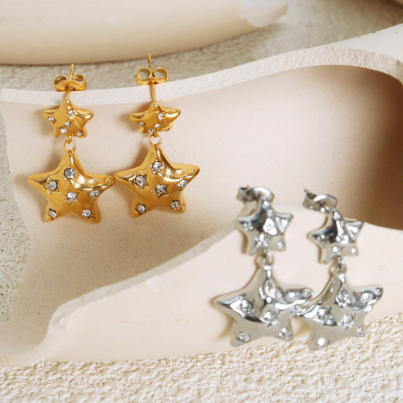 Luxury Pentagonal Star Zircon Earrings in Titanium Steel