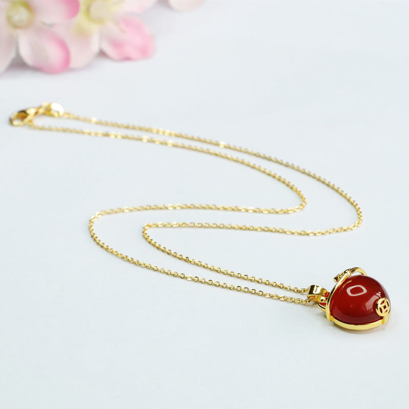 Round Bead Red Agate Wealth Cat Pendant Necklace Jewelry