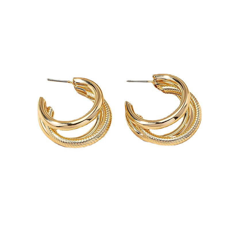 European Retro Style C-Shaped Earrings with Triple Circular Rings