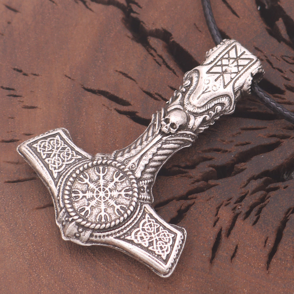 Viking Skull Thor Hammer Pendant with Compass Odin Totem Necklace