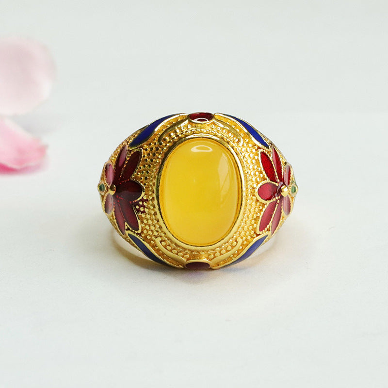 Yellow Amber Wide Flower Ring with Beeswax Accent