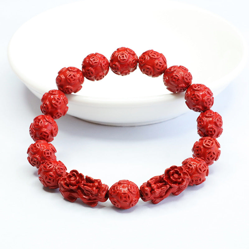 Red Sand and Cinnabar Pixiu Bracelet with Sterling Silver Beads