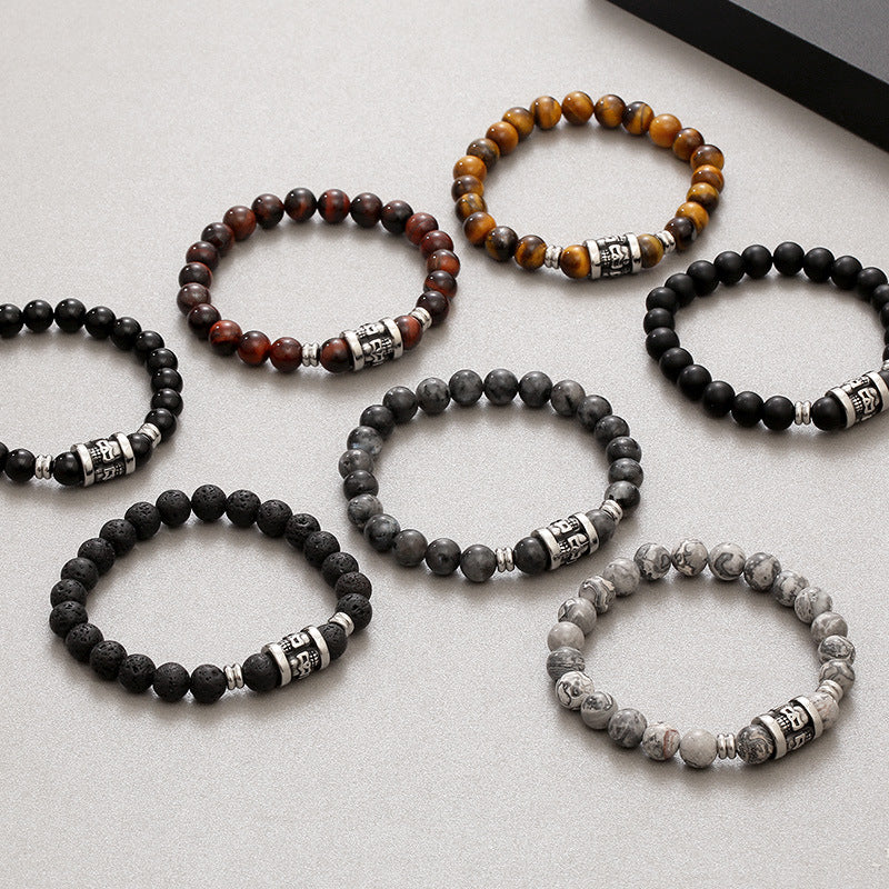 Men's Retro Tiger's Eye Agate Bead Bracelet with Titanium Steel Skull Accents