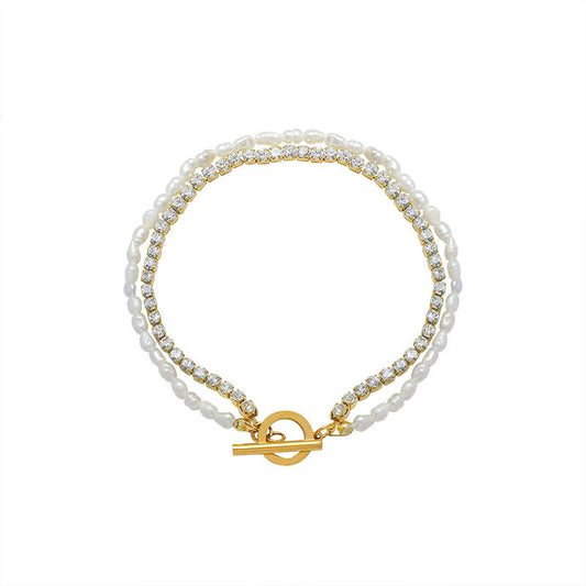 Double Layer Freshwater Pearl and Zircon 18K Gold Bracelet for Women