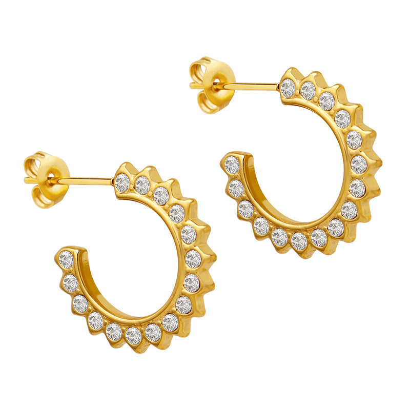 Sunflower Zircon C-Shaped Earrings in 18K Gold Plating