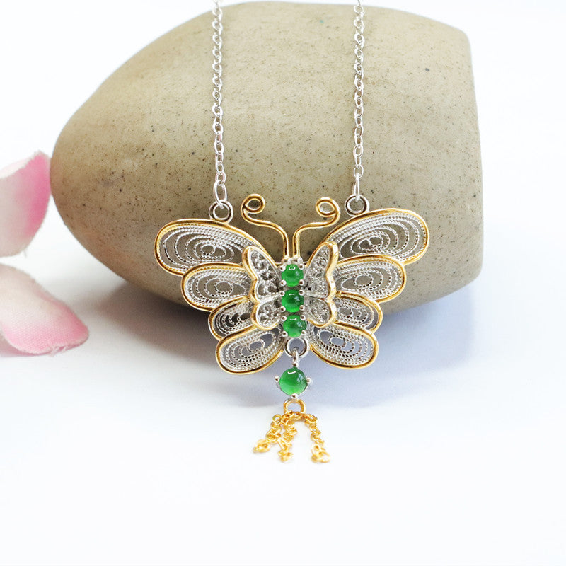 Icy Emperor Green Jade Butterfly Necklace with Gold Trim