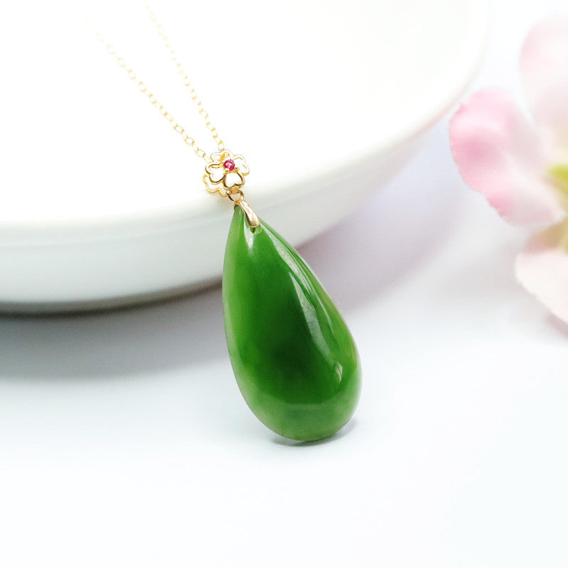 Fortune's Favor Hetian Jade Water Drop Four Leaf Clover Necklace