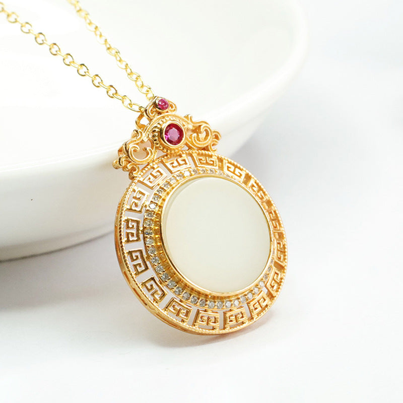 Round Hollow Hetian Jade Pendant Necklace in 925 Sterling Silver