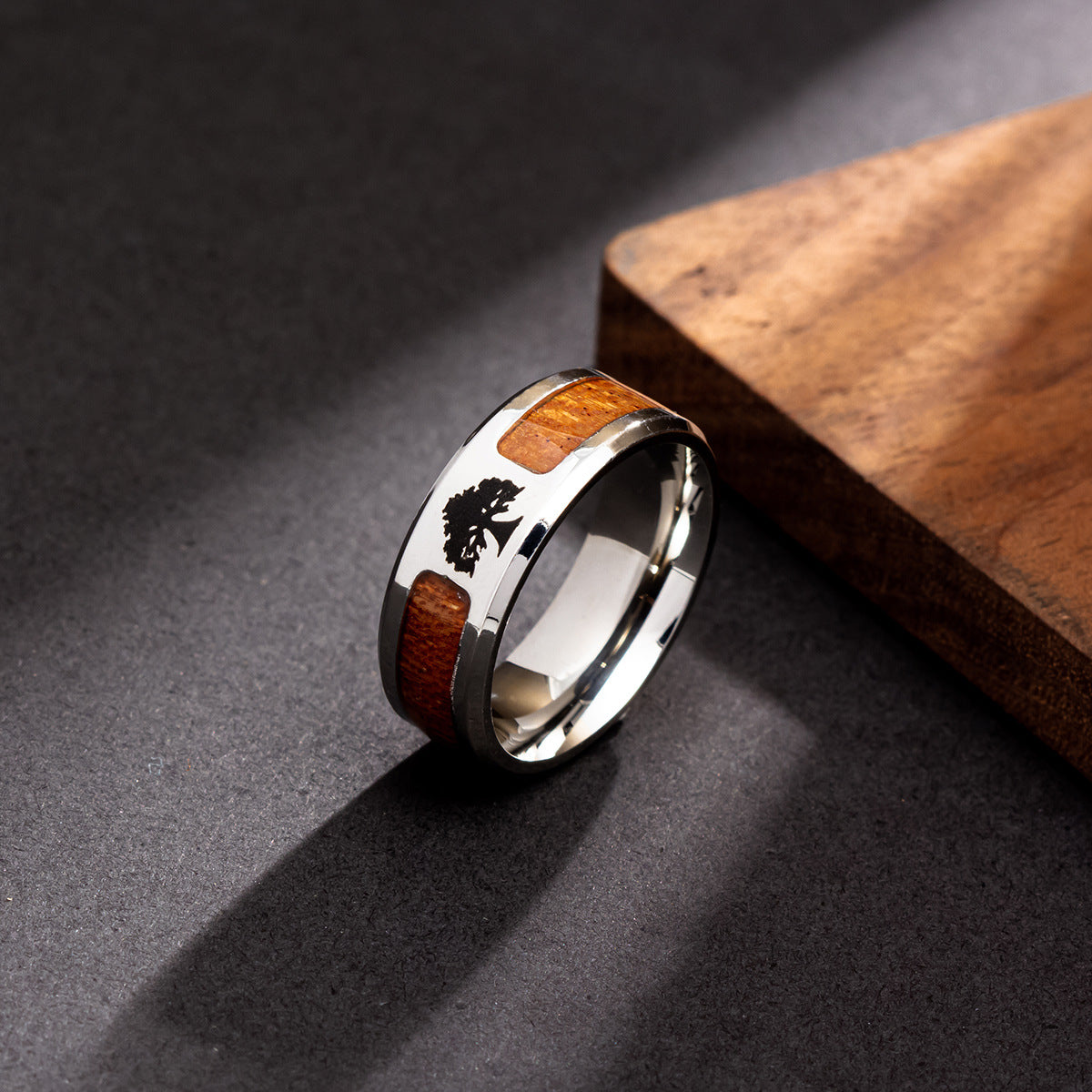 Stainless Steel Acacia Wood Grain Tree of Life Ring - Men's Fashion Jewelry