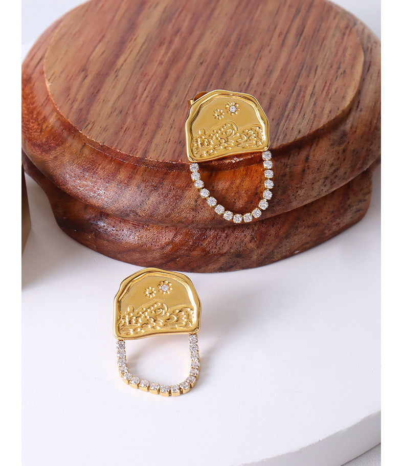 Cold Wind Titanium Steel Earrings with Zircon Stone Design and Gold Plating, Essence Absorbing Irregular Earrings for Women