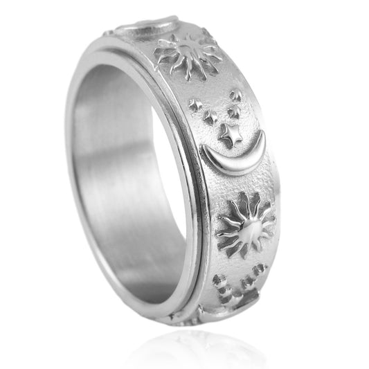 Titanium Steel Rotating Sun and Moon Ring for Men - Retro Stainless Steel Design