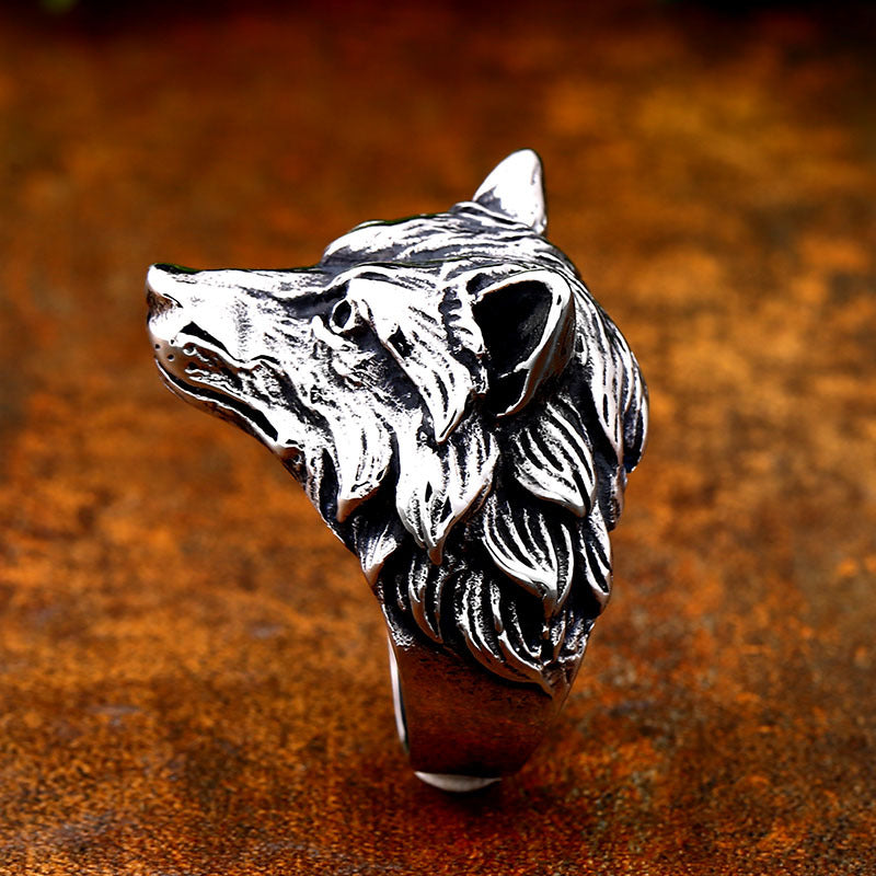 Retro Stainless Steel Wolf Head Ring for Men – Wholesale Titanium Steel Animal Personality Jewelry, Sizes 7-13