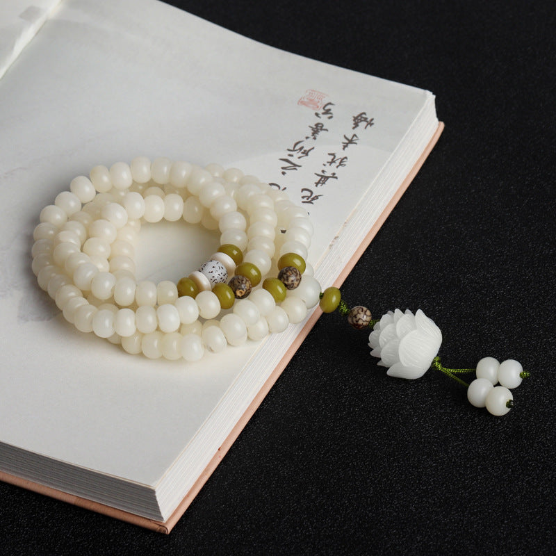 Lotus White Jade Bodhi 108 Buddha Beads Sterling Silver Bracelet