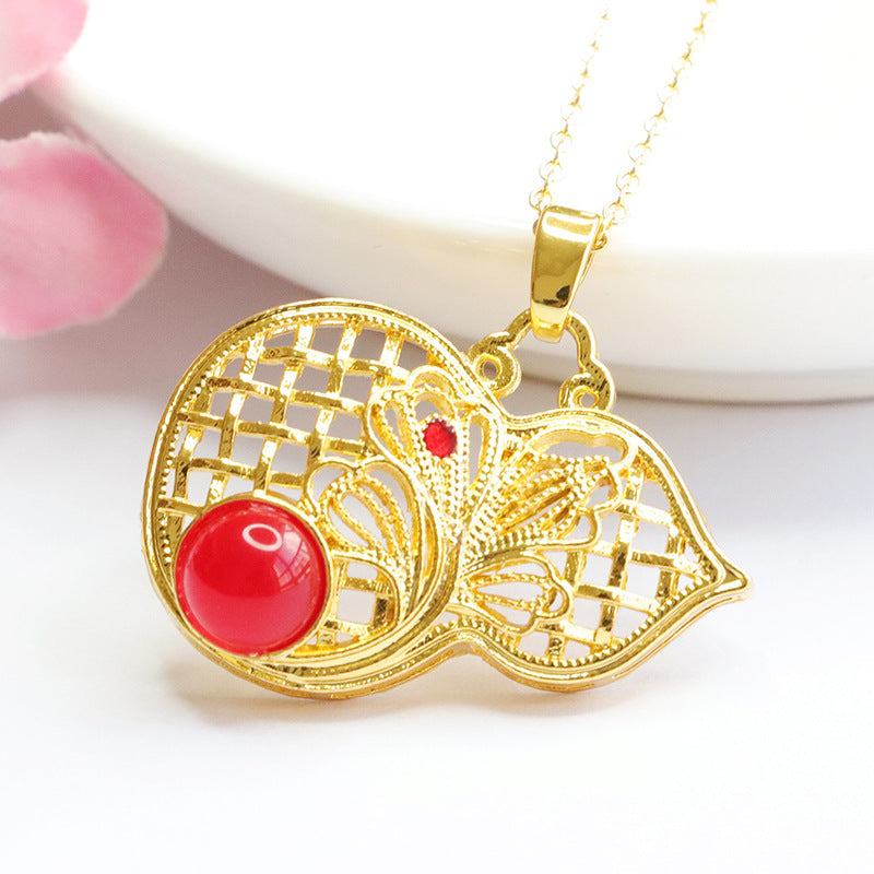 Natural Round Red Agate Chalcedony Golden Hollow Gourd Pendant