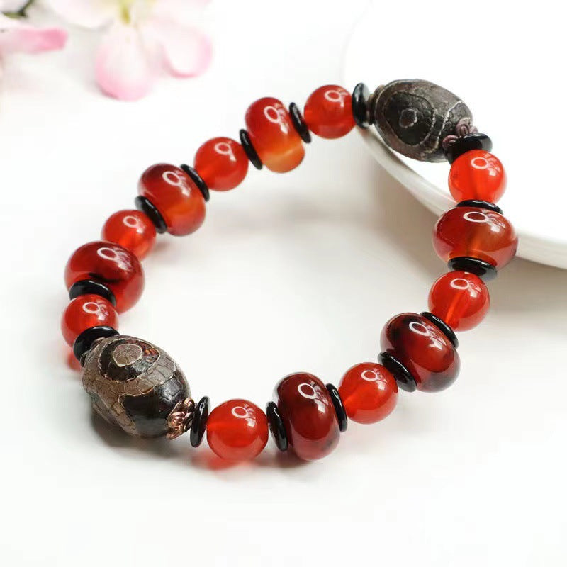 Three-Eyed Heavenly Red Agate Sterling Silver Bead Bracelet