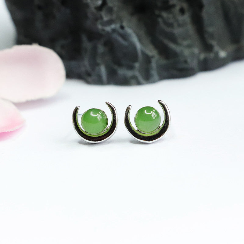 Curved Moon Earrings with Hotan Jade and Sterling Silver Needle