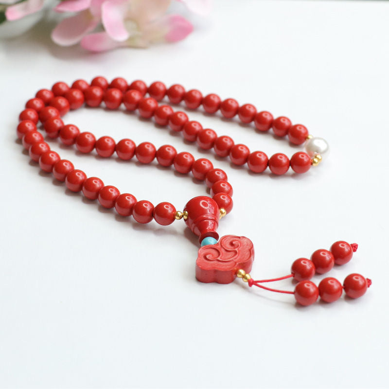 Auspicious Cloud Cinnabar Stone and Pearl Bracelet