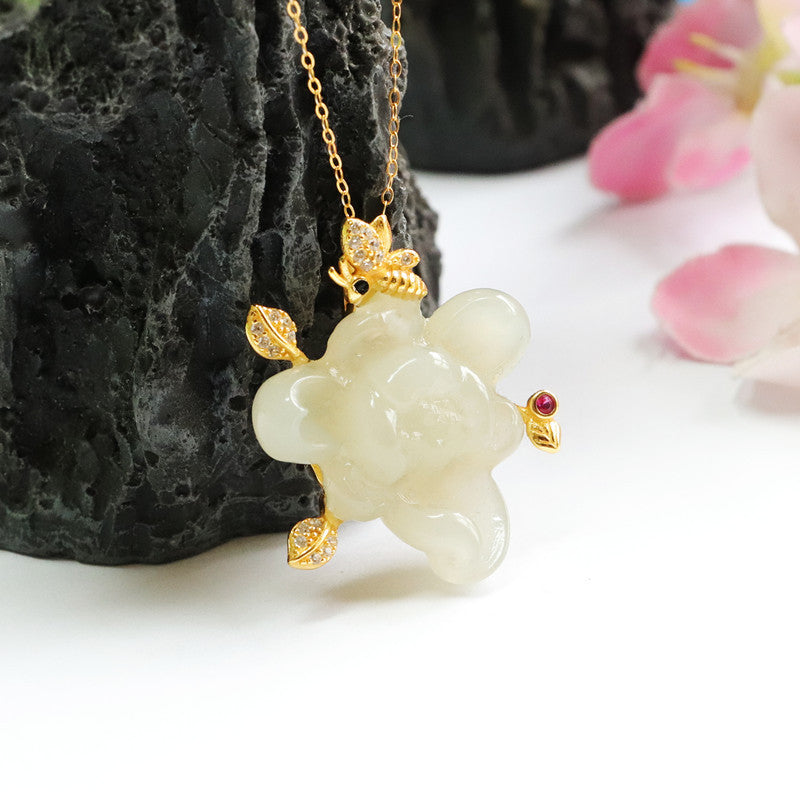 White Jade Lotus Necklace with Sterling Silver Chain