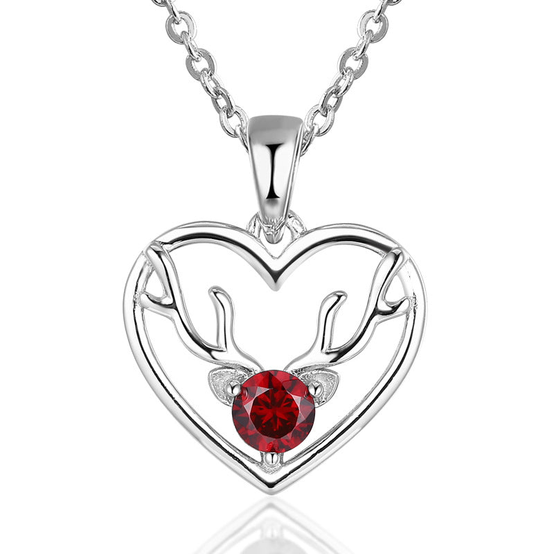 Christmas Deer Heart Shape Pendant Round Red Zircon Sterling Silver Necklace