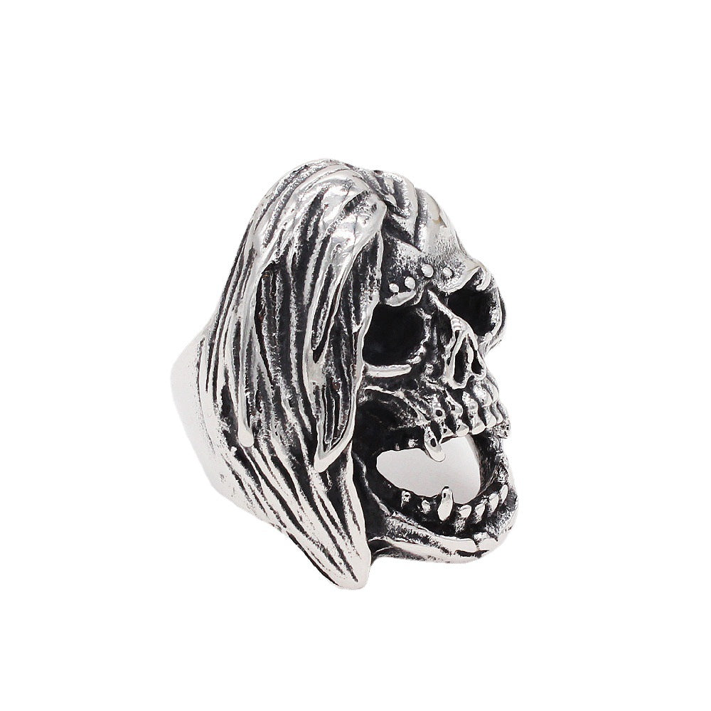 Halloween Long Hair Skull Titanium Steel Ring for Men