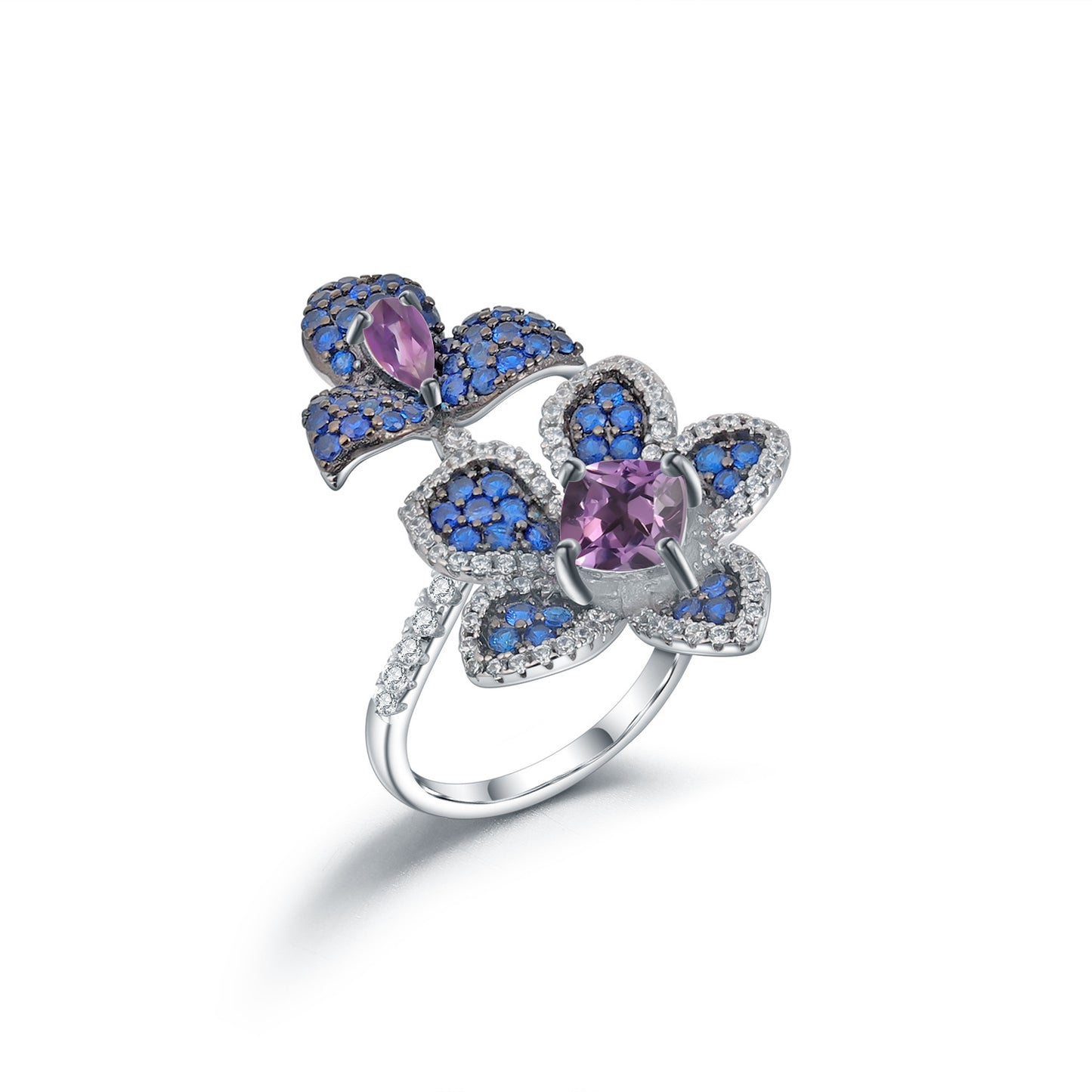 Flower Natural Gemstones Opening Silver Ring