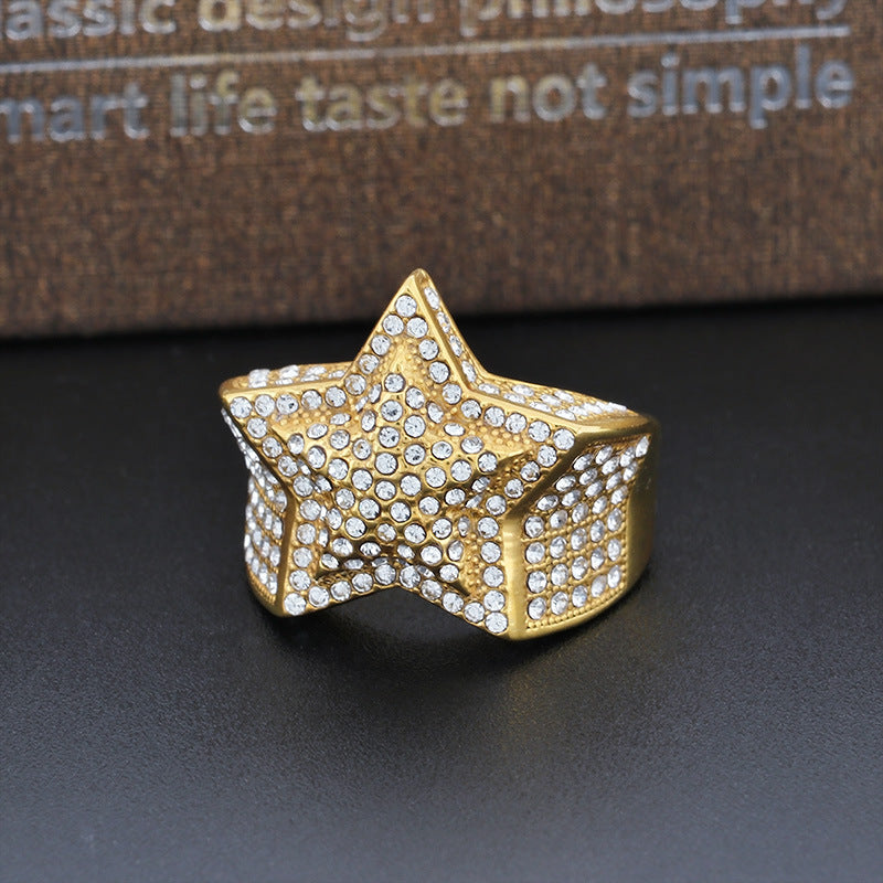 Luxury Gold-Plated Micro Zircon Men's Pentagram Ring - Hip Hop Style Stainless Steel Design