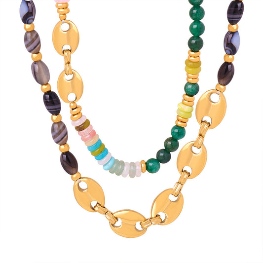 Vintage-inspired Agate Abacus Bead Necklace with Pig Nose Chain - Handcrafted High-End Jewelry