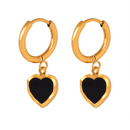 Luxurious Black Glazed Peach Heart Earrings in Titanium Steel and Gold Plating