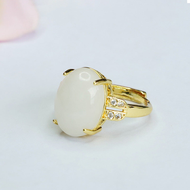 Elegant White Jade Sterling Silver Ring with Four Prongs