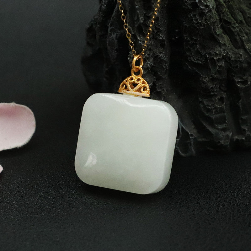 Sterling Silver White Jade Pendant Necklace with Hetian Jade Square Detail