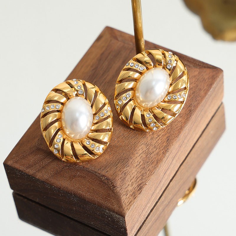 Icy Chic Geometric Spiral Earrings with Hollow Design and Pearl Inlay