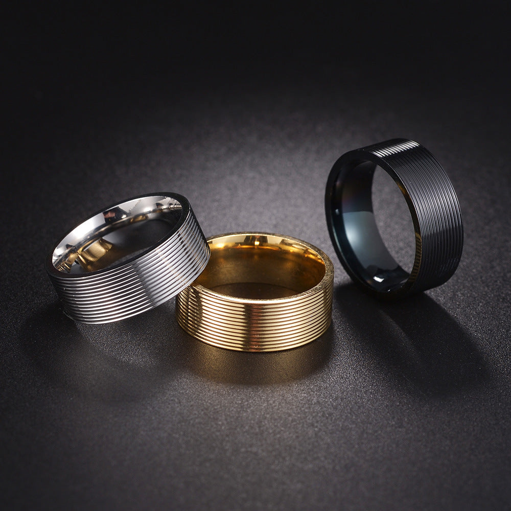 European and American Shein Titanium Steel Ring for Men - Stylish Vacuum Plating Thread 8mm Men's Jewelry