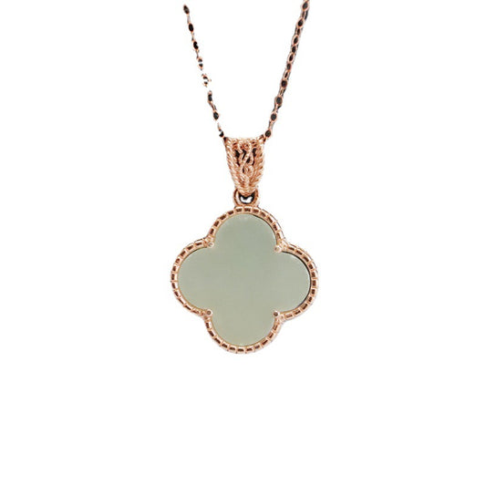 Fortune's Clover Sterling Silver Necklace with Natural Hetian Jade Accent