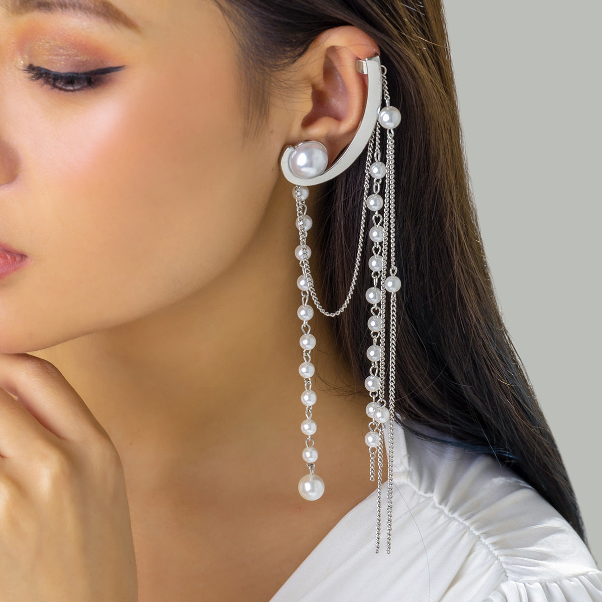 Trendy Single Pearl Tassel Ear Clip Earring from Vienna Verve Collection