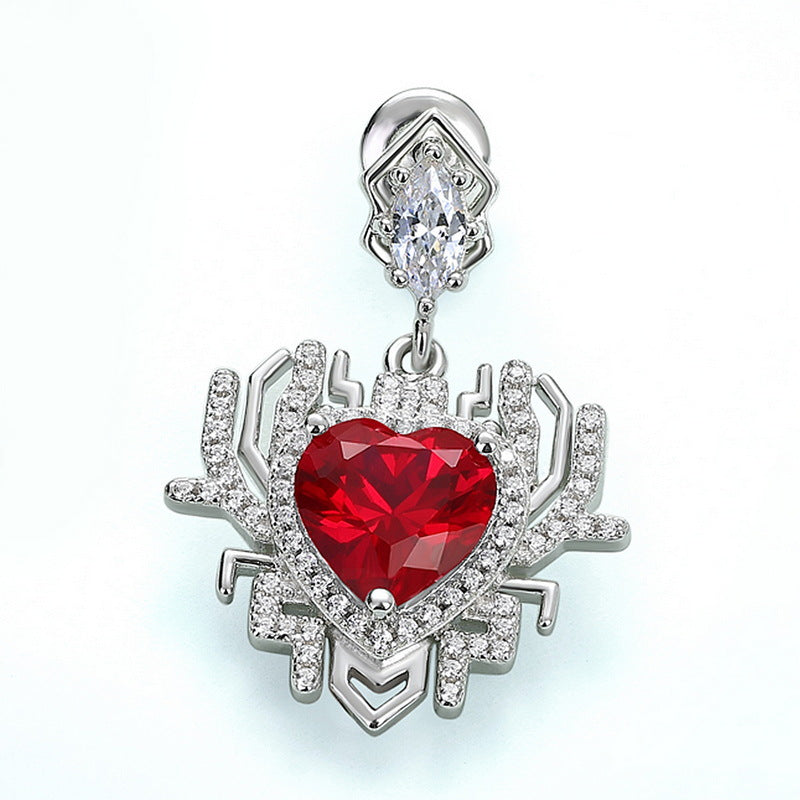 Exaggerated Creative Heart Shape Red Zircon Pendant Sterling Silver Drop Earrings