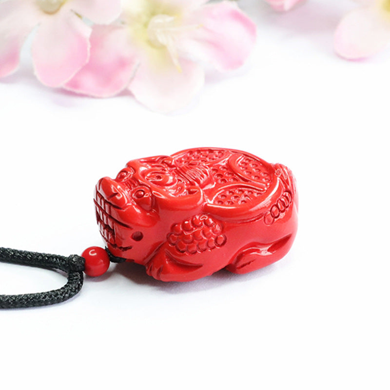 Red Sand Copper Coin Pixiu Pendant with Cinnabar Stone