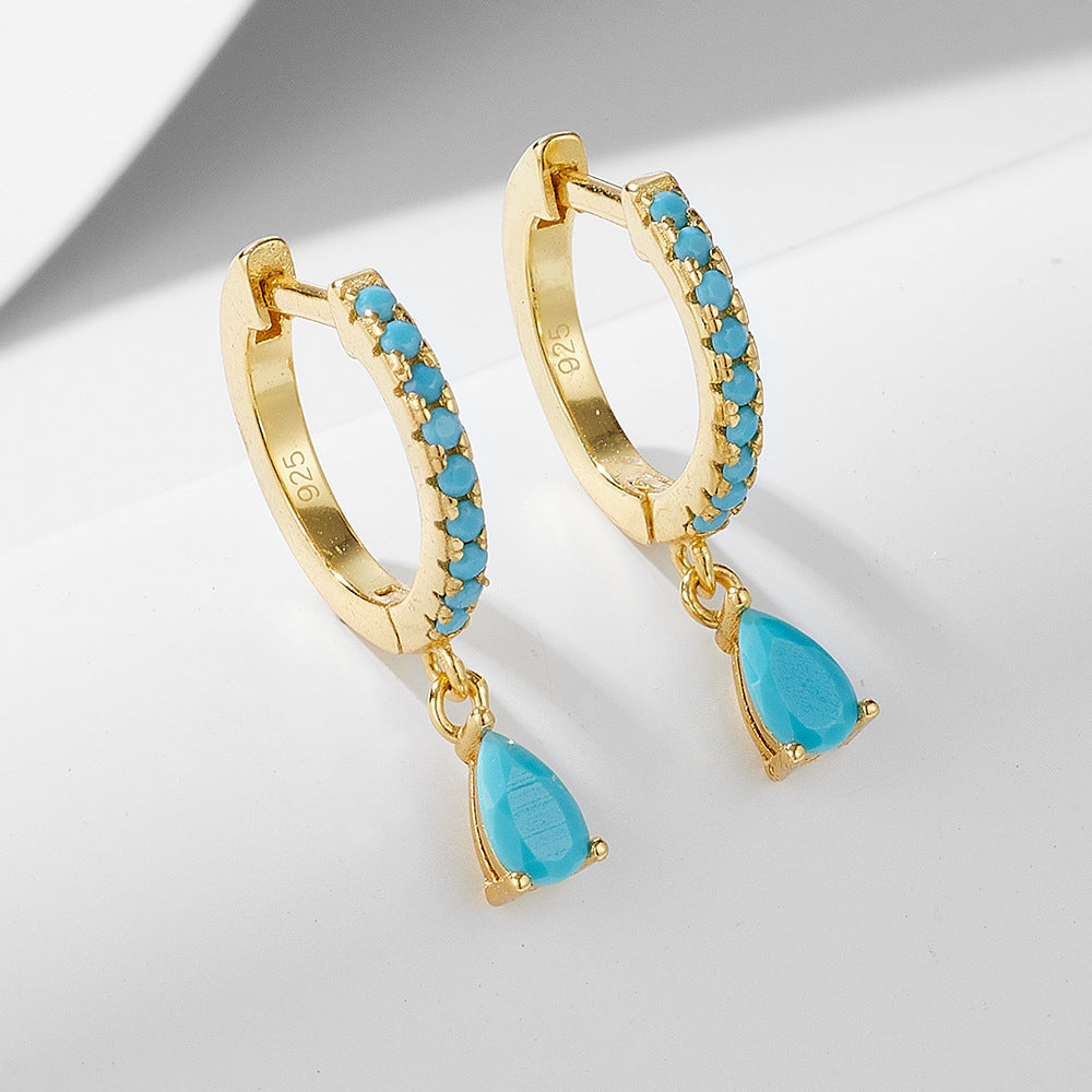 Water Drop Turquoise Silver Hoop Earrings