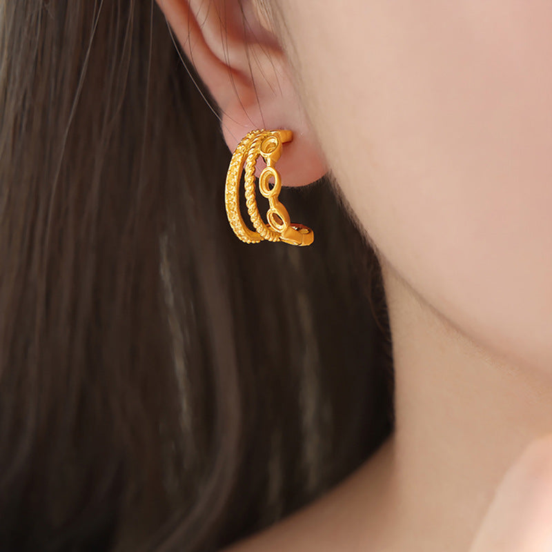 Elegant Three-Layer C-Type Thread Gold-Plated Earrings with Personality