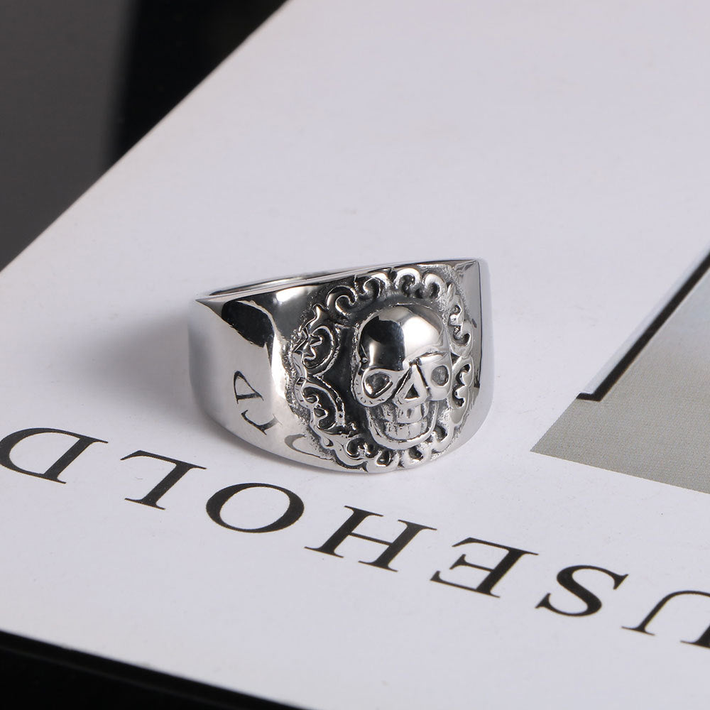 Unique Skull Design Wide Titanium Steel Ring for Men - European and American Street Style Jewelry