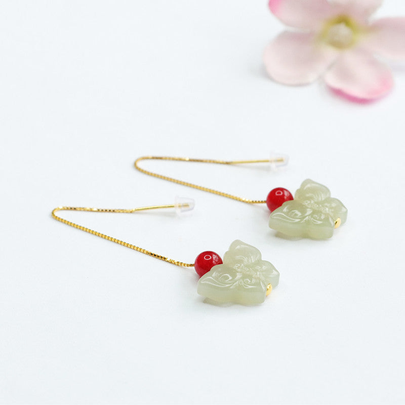 Golden Butterfly Earrings with Sterling Silver and Hetian Jade