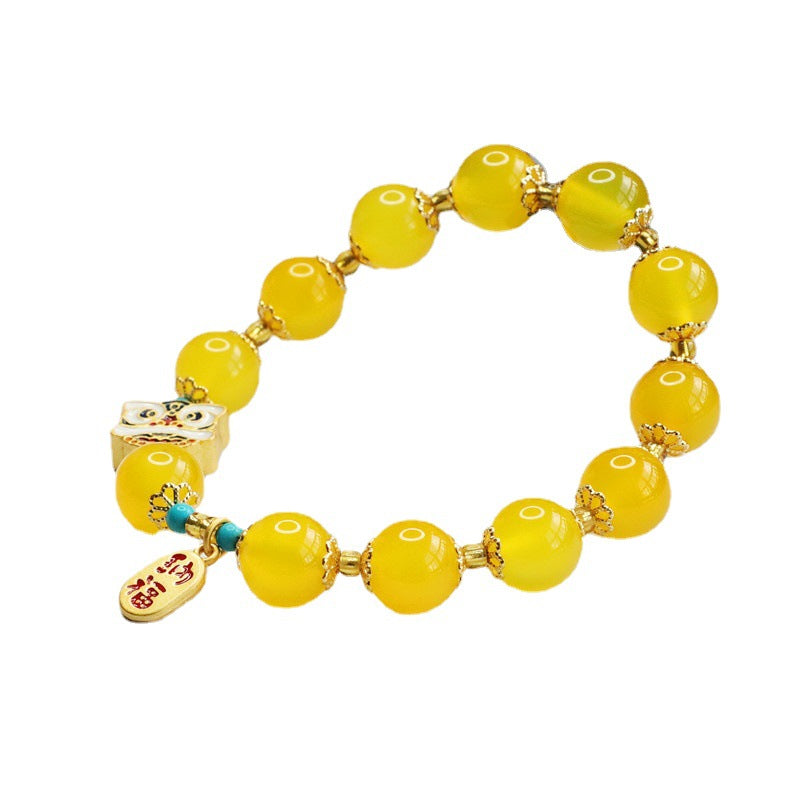 Golden Chalcedony Bracelet with Lion Head and Blessing Brand