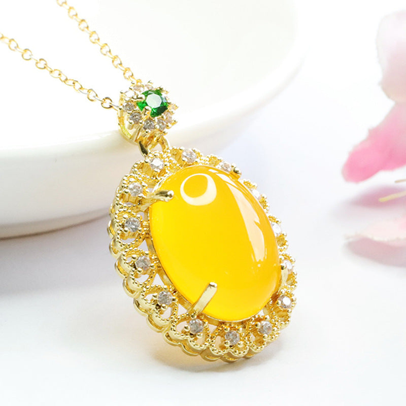 Pigeon Egg Yellow Agate Chalcedony Hollow Love Zircon Pendant