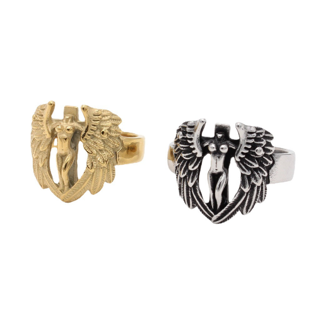 Retro Angel Wings Cross Men's Titanium Steel Ring