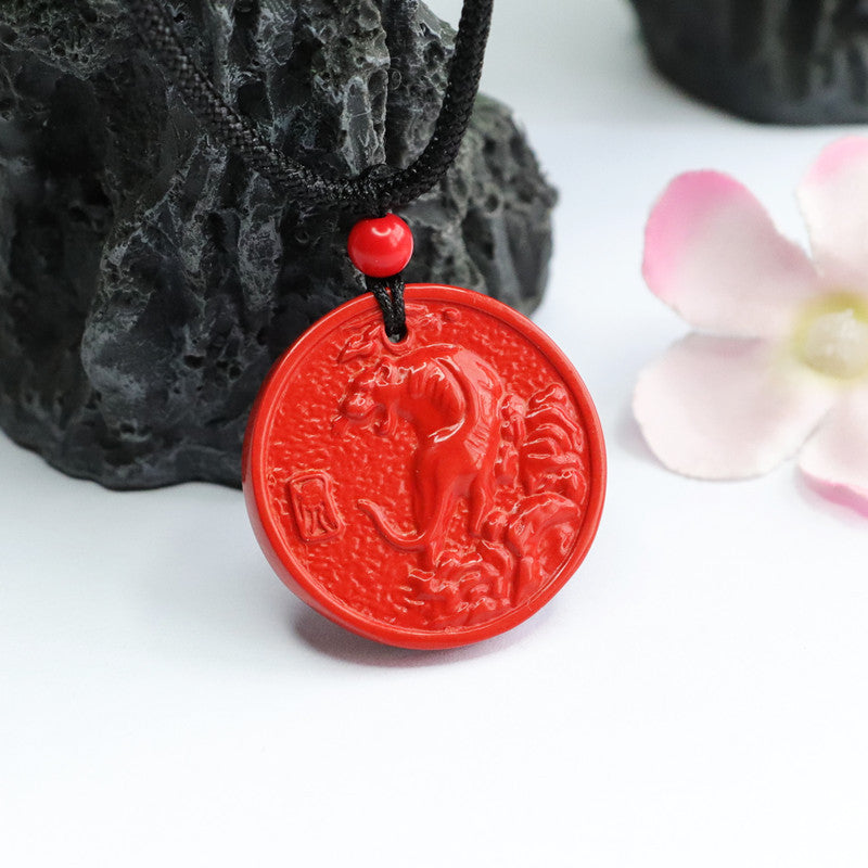 Red Sand Round Cinnabar Zodiac Tiger Sterling Silver Pendant