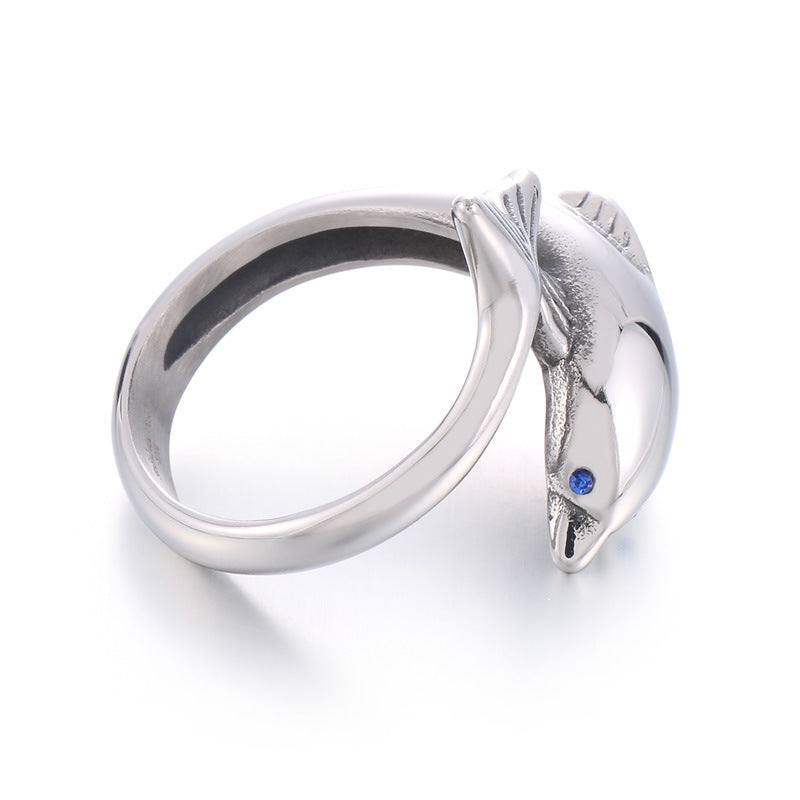 Trendy Men's Blue Eyed Dolphin Ring - Creative Stainless Steel Small Animal Ring for Friends