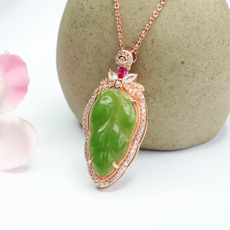 Elegant Natural Hotan Jade Leaf Necklace with Zircon Accents