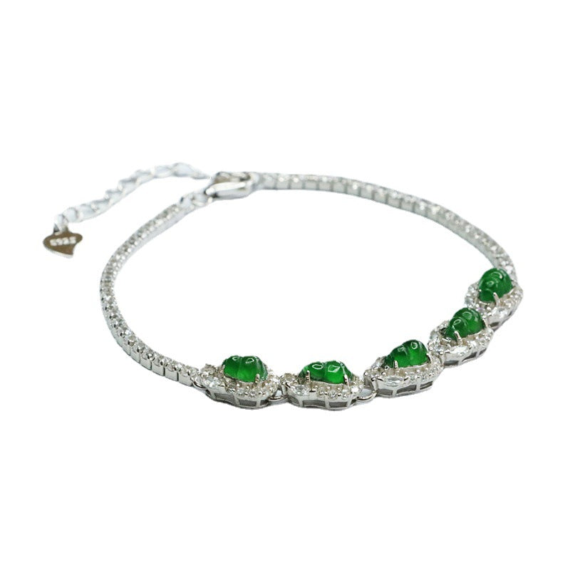 Jade Gourd Ice Seed Emperor Green Sterling Silver Bracelet