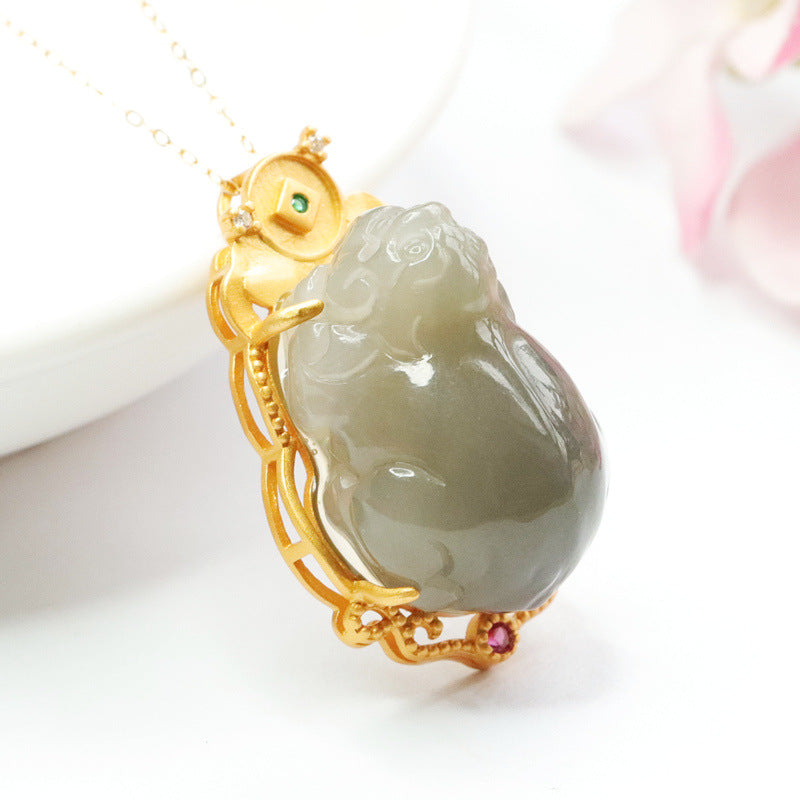 S925 Silver Natural Hotan Jade Pendant, Smoke Purple Pixiu Necklace Jewelry