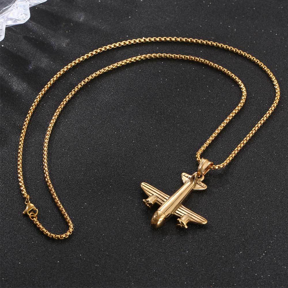 Personalized Aircraft Pendant Necklace - Trendy Two-Tone Stainless Steel Chain for Hip-Hop Lovers